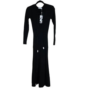 NWT Self-Portrait Women’s Tie Front Flare Ribbed Dress M Black